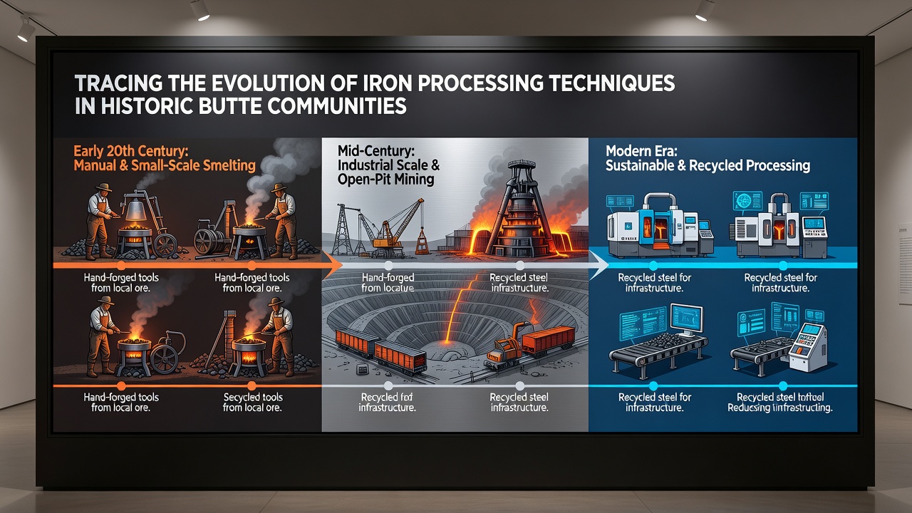 Mid-20th century iron processing facility in Butte with workers operating industrial furnaces and machinery